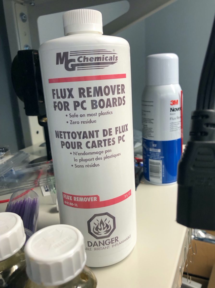 A one-litre bottle of MG Chemicals flux remover for PC boards