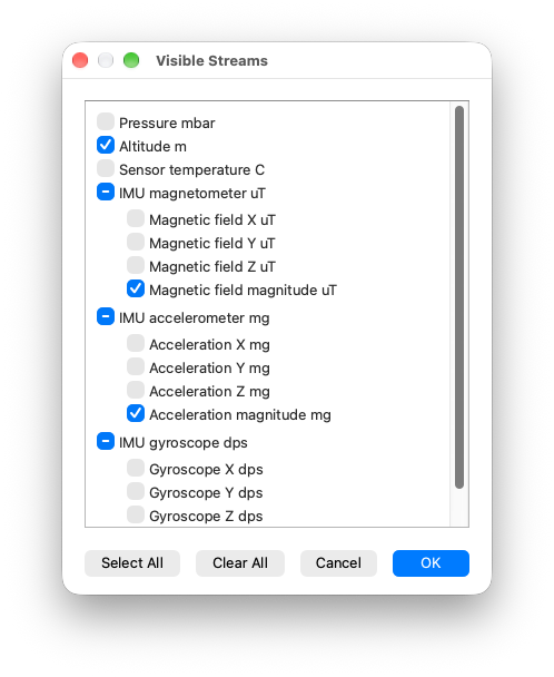 SensorViz Visible Streams dialog