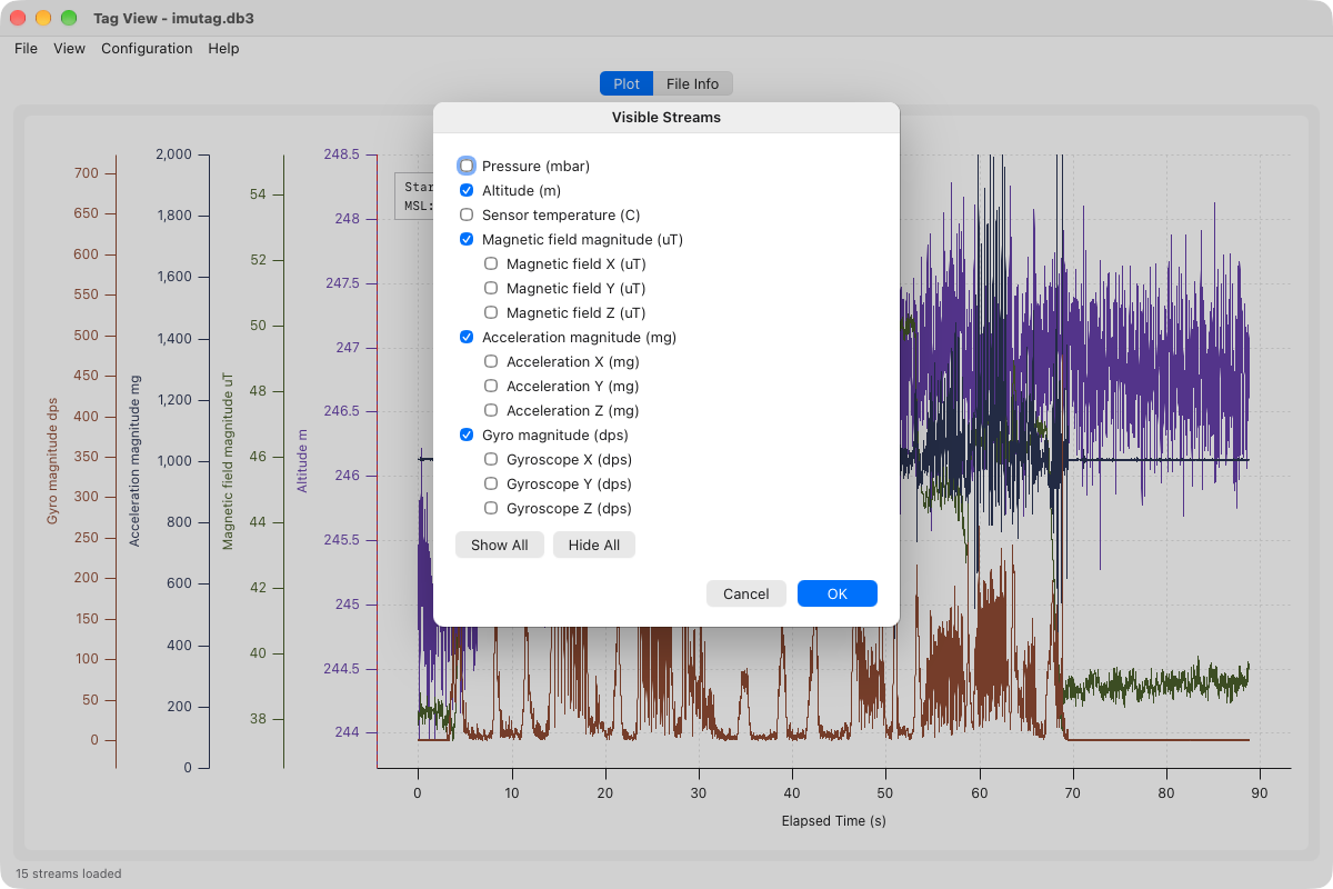 The Visible Streams dialog